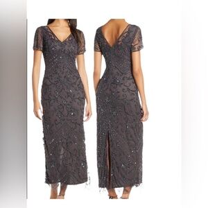 PISARRO NIGHTS BEADED MESH COLUMN GOWN